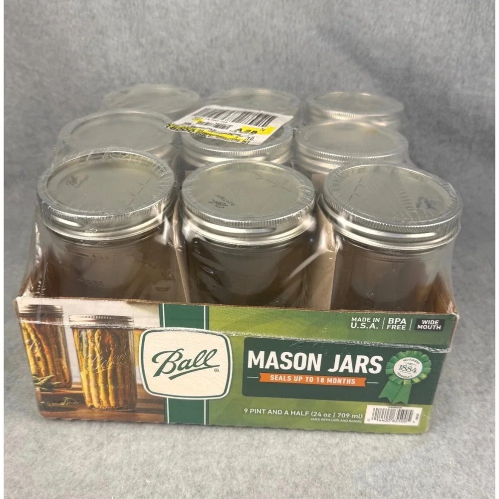 Vtg Ball Mason Jars 9-Pack 24oz 1.5 Pint Wide Mouth Clear Glass SureTight Lids